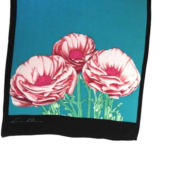 Hand Rolled Teal Silk Scarf With Flowers by Anne Klein for Vera Japan - Picture 1 of 5